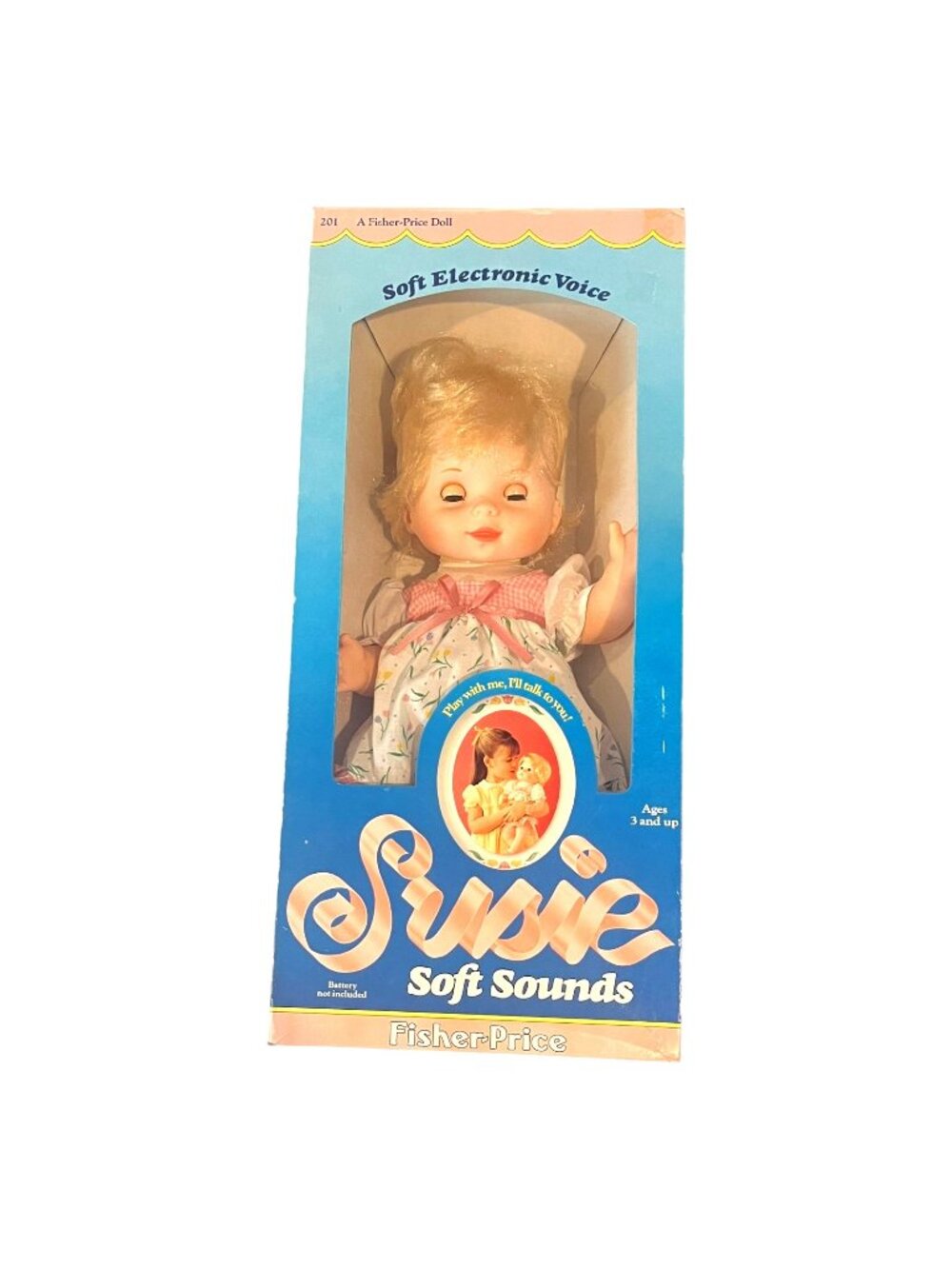 Susie Soft Sounds Baby Doll #201 Blue and White Dress Fisher Price - NEW in Box